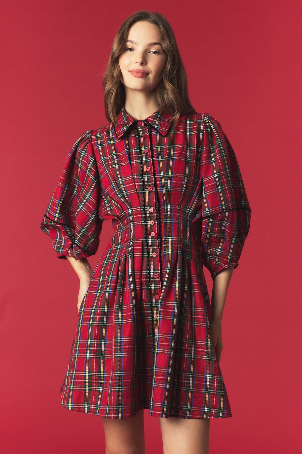 Plaid Velvet Trim Pleated Dress